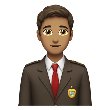 it's a very calm guy, 17-18 years old, has brown short hair and brown-blackish eyes, in a school uniform which is brown and has a red tie.  sticker