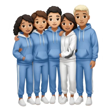 four mixed race friends all wearing white oversized hoodies, white sweatpants, and white slides huddled together hugging sticker