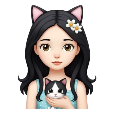 A pretty girl with long black hair wearing a nice sundress and some cutie decorations topped on her head while holding her black and white cat sticker