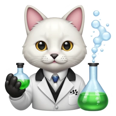 Sleek cat wearing a white coat, paw on a bubbling flask. sticker