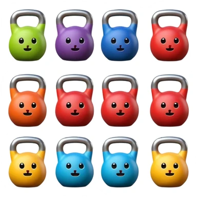 6 colorful cartoon kettlebells with faces, arms, legs, white background. sticker
