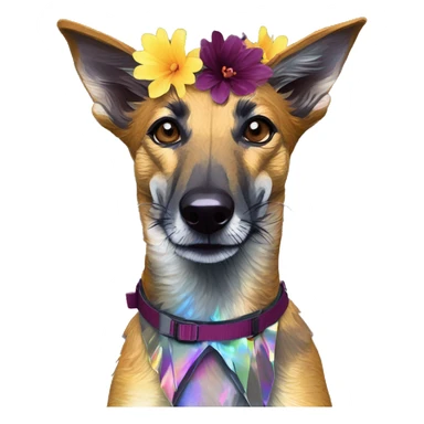  brindle brown black maroon gold lurcher Alsatian fox running blue eyes and iridescent holographic oilslick harness wearing paper iridescent tropical flower crown yellow caution tape sticker