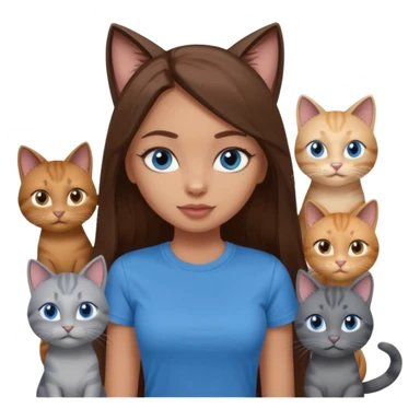 a pretty bratz dusky light skin girl with long brown hair, blue eyes with six cats nd wearing a grey tshirt sticker