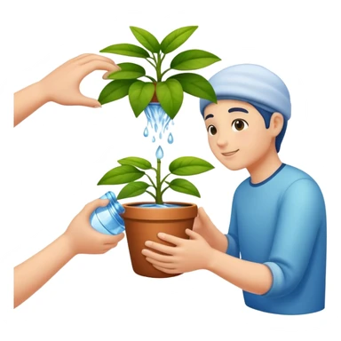 hands pouring water onto a potted plant, simple and friendly sticker