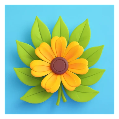 vibrant yellow flower with brown center, 3D iOS emoji style, surrounded by green leaves sticker