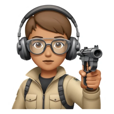 A focused shooter in protective headphones and special glasses, aiming precisely at a target. The setting includes a shooting range with clear markers and a calm, controlled environment, emphasizing concentration, accuracy, and the discipline of the sport sticker