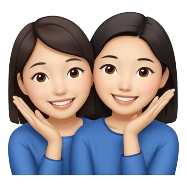 Two happy asian women beside each other touching their cheek sticker