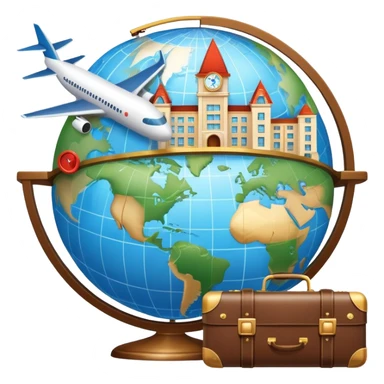 An icon featuring a hotel building, and a globe, symbolizing the scientific study of tourism and hospitality. The design includes a map, a plane and train, a compass, and a checklist, representing travel planning and service management. Transparent background sticker