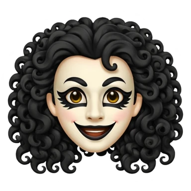 generate theatre mask emoji with a big curly black hair 

wide black coloured smile, long and pointy white nose with no nostrils, pitch black eyes sticker