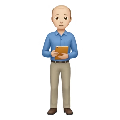 man mid 30's shirt and trousers balding hairline standing holding a clipboard sticker