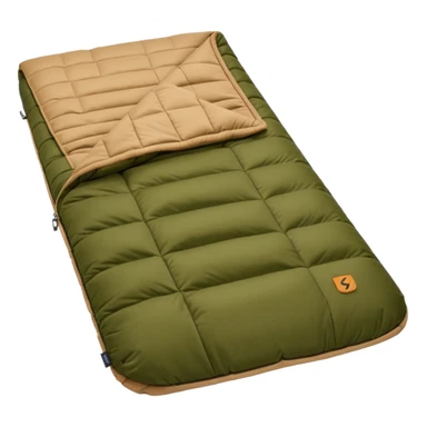 sleeping bag in blue/yellow to olive & tan (#7D7A52 / #E1C699). sticker