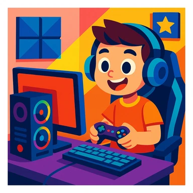 a young boy with a gaming setup, modern and fun, vibrant, playful, colorful, energetic sticker