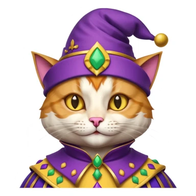 crazy colorful cute little cat jolly joker from poker, medieval, vintage, court jester, mac os icon, purple and yellow color, half body sticker