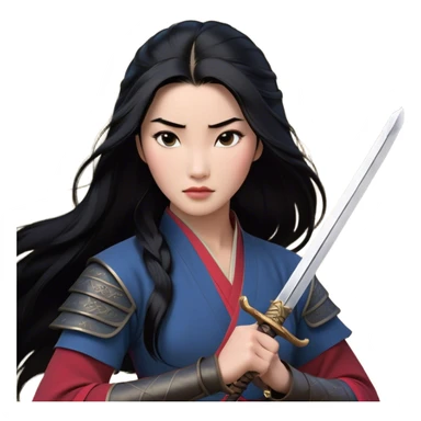 Cinematic Realistic Mulan Portrait, depicted with lifelike skin texture, soft natural lighting, and intricately detailed long black hair styled elegantly. Her deep, expressive eyes exude determination and grace, complemented by a serene yet confident expression. She stands with one hand resting on the hilt of her sword, the other by her side, exuding strength and poise. She is dressed in her classic attire, with rich fabric textures and delicate folds that catch the light beautifully. The portrait features a soft, enchanting glow with a natural, radiant finish, capturing the essence of timeless strength and beauty in a realistic and painterly style, evoking a sense of depth and authenticity. sticker