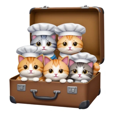 a group of cats, all but one wearing chef hats, sitting together inside a big suitcase, emoji style sticker