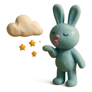 full-body pastel blue bunny with cloud, blowing a kiss with sparkles, claymation style sticker