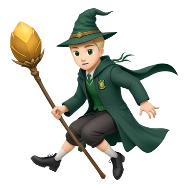 A muscular strong Slytherin student in final year without hat, sitting on a broomstick between his legs, chasing after a golden snitch sticker