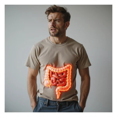 realistic adult man with simple clothing, suffering expression, transparent intestine highlighted with red swollen inflamed areas, symbol of sugar-induced inflammation, reddened skin, atmosphere of discomfort, neutral background, 4K quality sticker