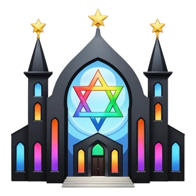 jewish synagogue temple in dark goth aesthetic style with black building and light rainbow tint glass windows and star of david and celestial symbolism sticker