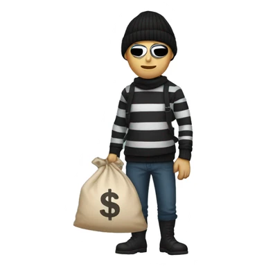 Thief wearing mask, striped shirt and black beanie, holding a sack of money behind his back. Just the top part sticker