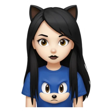 make a goth attractive girl with straight long black hair, side bangs, with brown eyes and wearing sonic clothes  sticker