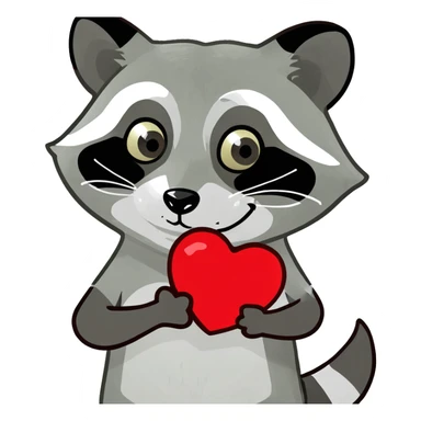 A raccoon holding a heart sticker