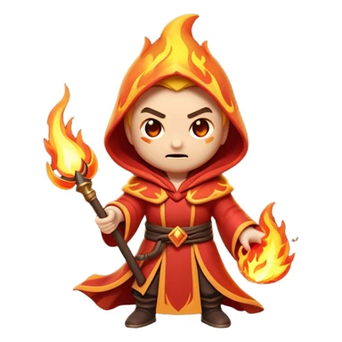 Clash of Clans aesthetic: Cinematic Ferocious Fire Mage Hero closeup Emoji, rendered in a 3D vector-style similar to standard emojis with minimal shading and bold, simplified shapes. A compact, isometric figure draped in flowing, charred and ember-lined robes, wielding a fiery staff crackling with intense flames. Eyes burning with an infernal glow, exuding raw, untamed power. Simplified yet unmistakably iconic, highly detailed and consistent, glowing with a fiery, molten radiance and high shine. Stylized with a touch of menacing sorcery and a searing, ember-infused outline, capturing the essence of a wrathful mage ready to unleash devastating fire magic! sticker