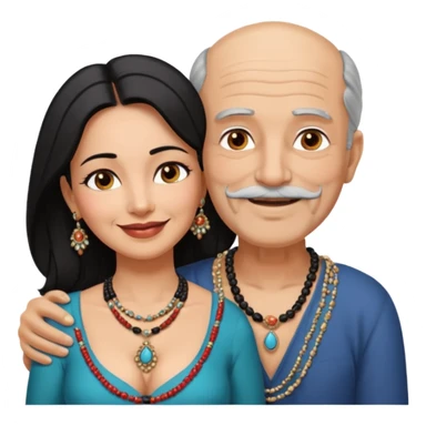 I want an old man with balding and grey beard  wearing no jewelery and a woman in her 40s with dark black hair parted in indian woman style wearing a beads chain  with the cleavage of the woman visible in a passionate embrace. The man should have no jewellery, both must be blissfully smiling sticker
