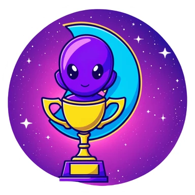 Alien award trophy with aurora-like cosmic colors, deep space purples and blues, gleaming with stardust sticker