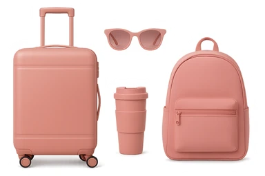 themed pink travel with pink suitcase, pink travel mug, pink sunglasses, pink backpack, all matching, stylish sticker