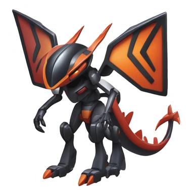 a shiny metallic black-red-orange Genesect-Flygon-Raptor-Fakémon-Medabot-hybrid with a futuristic visor-helmet full body sticker