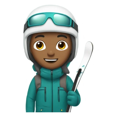 Tan white Boy with wavy brown hair skiing on teal skis. He is wearing a gray coat and black snow pants  sticker