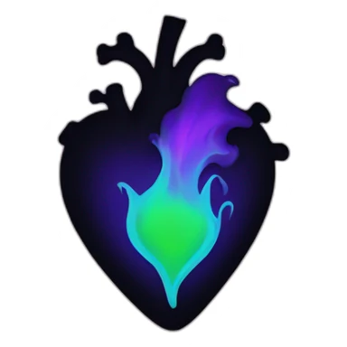 Black heart with purple and green flame inside sticker