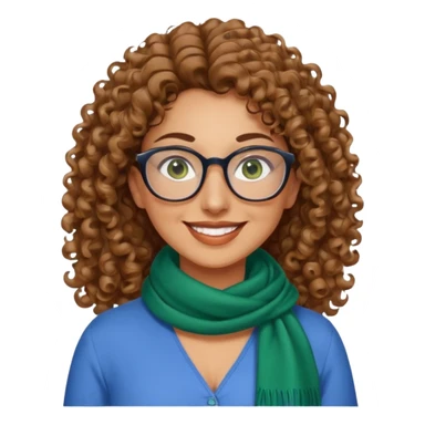40 yr old Iranian woman, light brown very curly thick hair, shoulder length hair, green eyes, tan skin, big smile, big glasses, blue dress shirt with white scarf on neck sticker