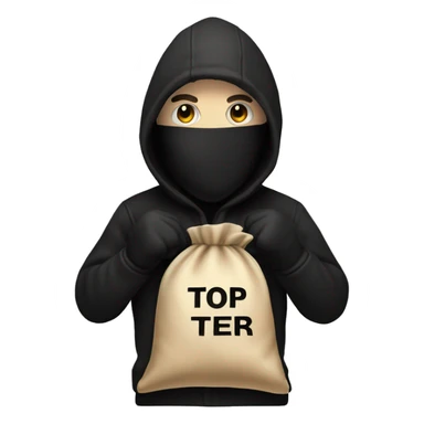 Thief wearing all black clothes actively stealing a beige money bag with the words Top Tier embroidered on it sticker