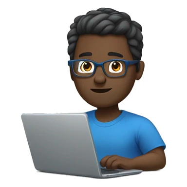 white guy with dark brown hair square glasses typing in laptop wearing blue t-shirt working in call center sticker