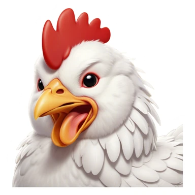 Cinematic Cute Yawning White Chicken Portrait Emoji, Head tilted slightly with a dramatic, wide-open yawn, showcasing a soft, fluffy white plumage with a crisp red comb and drooping wings, round beady eyes barely open in drowsy contentment, Simplified yet irresistibly adorable features, highly detailed, glowing with a soft, cozy glow, high shine, relaxed yet expressive, stylized with a touch of whimsy, bright and endearing, soft glowing outline, capturing the essence of a sleepy yet affectionate chicken, so drowsy it feels like it could stretch out of the screen and curl up for a nap! sticker