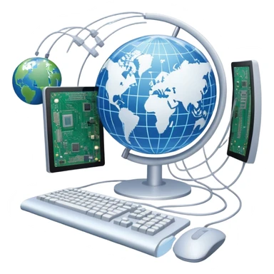 An icon featuring a computer monitor displaying code, a globe with network nodes, and a circuit board, symbolizing IT. The design includes data streams, cloud storage, and a keyboard, representing digital innovation, connectivity, and problem-solving. Transparent background sticker