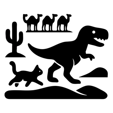A white cat chasing a T-Rex in the desert with a herd of camels staring at them sticker