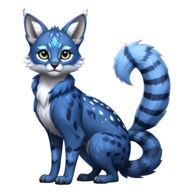 Cute kawaii cool edgy badass  glossy midnight-blue fur with silver starlight dusting fantasy-caracal-civet-genet-sergal-vernid-Gryphon-Cacomistle-Trico-oncilla-animal-Fakémon-hybrid-fursona (full body), facial markings, (realism style) sticker