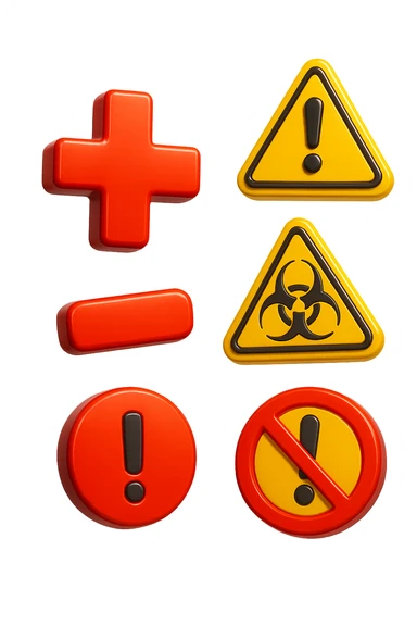 emoji stile iphone dei simboli "+" e "-" rossi in 3d che fluttuano in aria insieme a segnali di pericolo, FALLO MOLTO REALISTICO IN 3D sticker