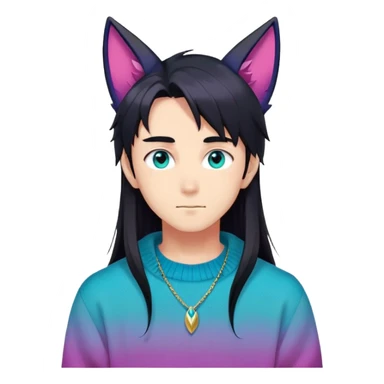 anime man with long-straight-dark-black hair, long black fox ears with pink Scapha, colorful-gradient-brown-turquoise eyes, gold earring, dark-blue-sweater, white pupils,  sticker