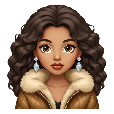 light brown skin tone, very beautiful woman, with big plump lips, long long lashes, black wavy long hair, brown eyes, fur jacket, diamond earrings sticker