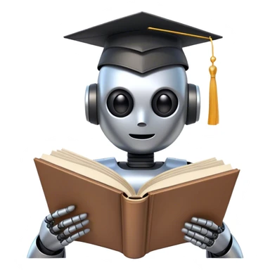 non-anthropomorphic robot reading a big book with graduation head sticker