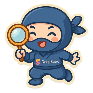 A playful, chibi-style ninja holding a magnifying glass, with the DeepSeek logo subtly integrated, colorful and cute. sticker