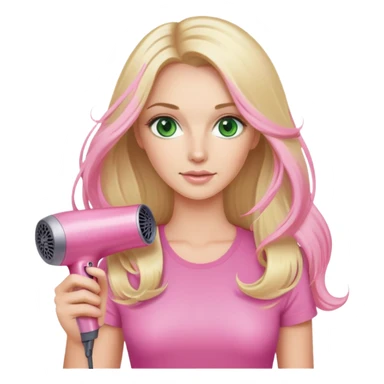 blonde with long hair, green eyes, holding pink Dyson hair dryer sticker