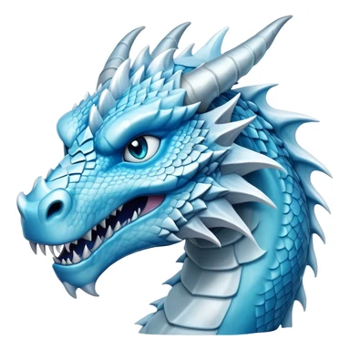 Cinematic Noble Fierce Ice Dragon Portrait Emoji, Poised and imposing, with a muscular, long elegant snout, scaled body shimmering in glacial hues of icy blue, frostbitten silver, and crystalline white, breathing out frost, with piercing, glowing eyes that radiate the chilling depths of an arctic storm; rendered in detail. sticker