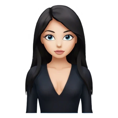 Glamours, tanned, beautiful, girl, with blue eyes, big pump peach-beige-rose lips, eyeliner, long lashes, black straight smooth silky long hair, parting hair in the middle,  in black v-neck bodysuit long sleeves sticker