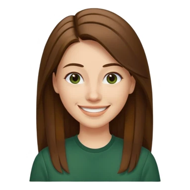 30 yr Caucasian woman long brown straight hair parted on side dark green shirt big smile sticker