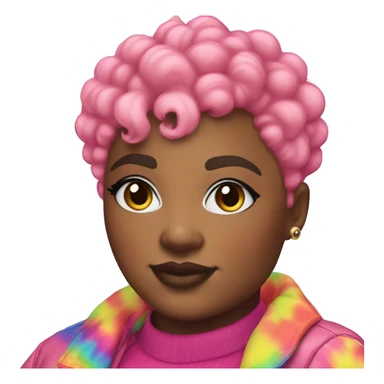 Plus size black woman with chinky eyes, pink curly pixie cut hair and a rainbow tie dye bubble jacket  sticker